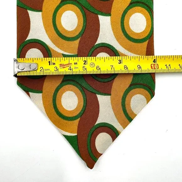 Christian Dior Vintage 60s Silk Tie Geometric Mod Circles Gold Brown Green